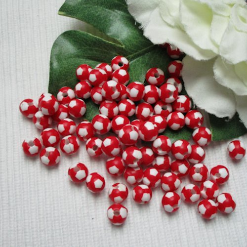 10 perles ronde ballon 7.6x6.7mm blanc rouge acrylique