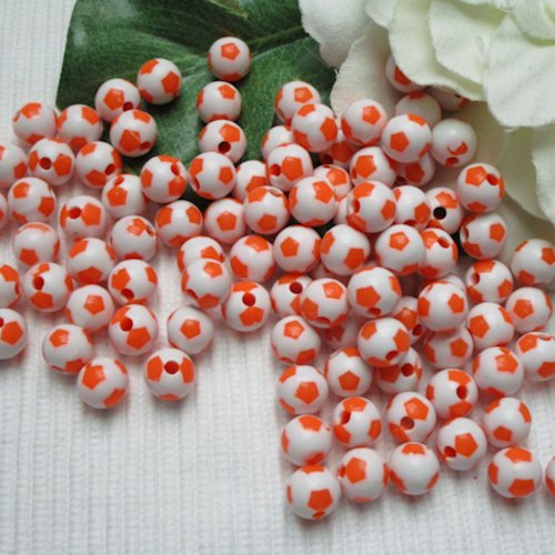 10 perles ronde ballon 7.6x6.7mm blanc orange acrylique