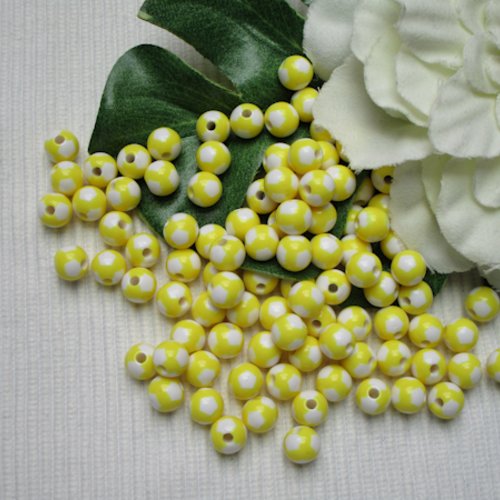 10 perles ronde ballon 7.6x6.7mm blanc jaune acrylique