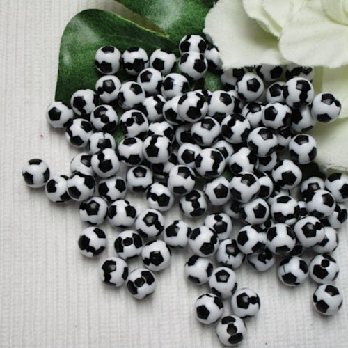 10 perles ronde ballon 7.6x6.7mm blanc noir acrylique