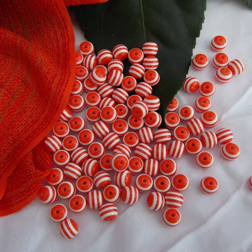 10 perles zébrée orange blanche 10x8.6mm résine
