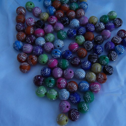 10 perles ronde multicolore 8.2mm motif inca argenté acrylique