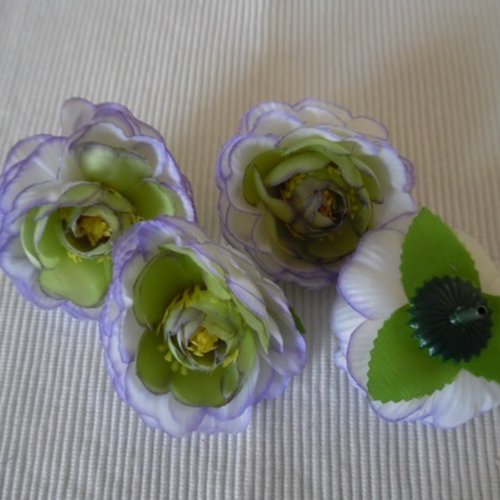 1 pivoine fleur mauve vert tissus polyester organza 7cm à plusieurs niveaux