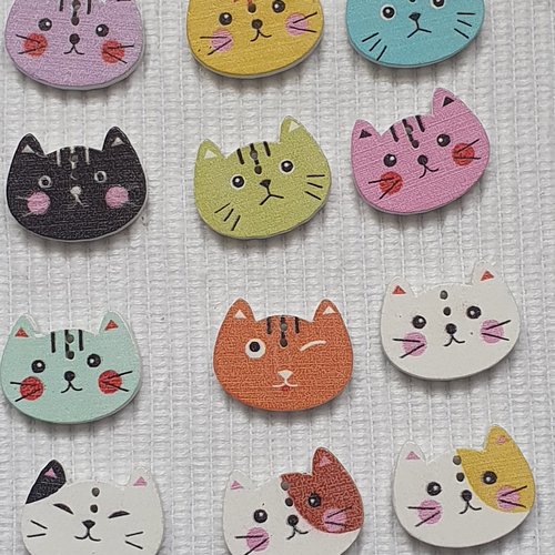 6 boutons chat chaton blanc 19.8x26x2.4mm bois yeux ouverts