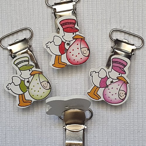 1 attache clip pince tétine bébé verte 46.6x28mm cigogne canard bébé bois