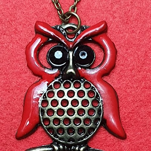1 collier hibou chouette rouge 47.5x34mm bronze émail