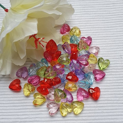 10 perles coeur à facette fuchsia foncé 12x12mm acrylique