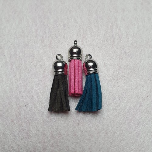 1 pompon kaki marron frange 35x10mm suédine