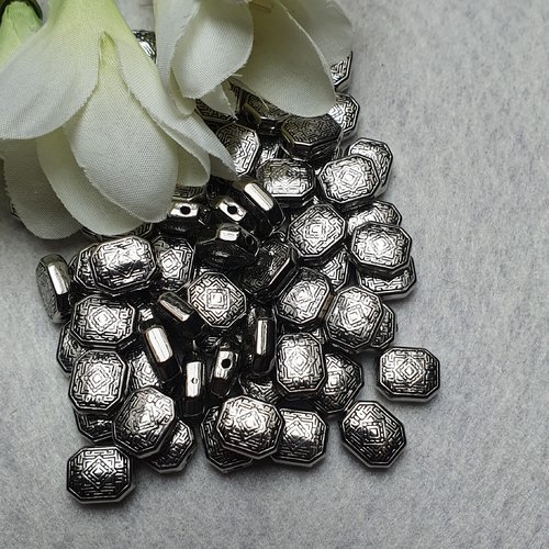 10 perle octogonale ciselé acrylique argenté 10.5x9mm