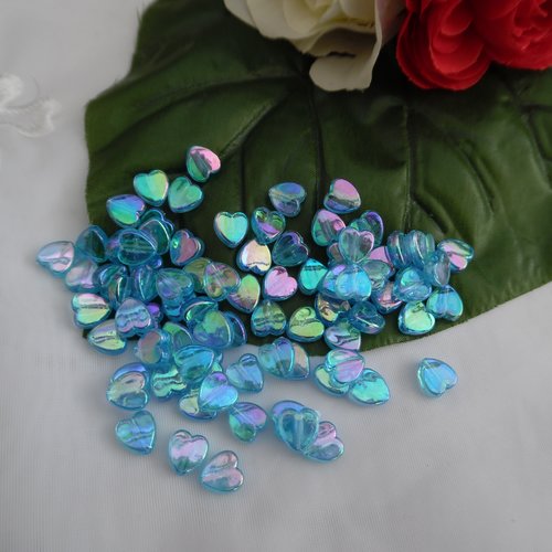 15 perles coeur bleu reflet ab 9x8mm acrylique trou de 1.2mm
