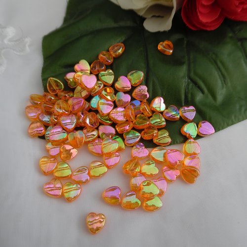 15 perles coeur orange reflet ab 9x8mm acrylique trou de 1.2mm