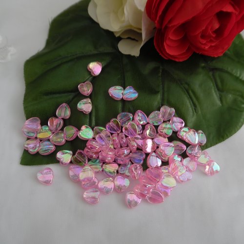 15 perles coeur rose reflet ab 9x8mm acrylique trou de 1.2mm
