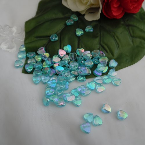 15 perles coeur bleu turquoise reflet ab 9x8mm acrylique trou de 1.2mm