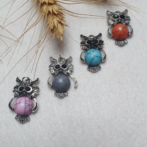 1 hibou chouette rose 33.5x20.5mm howlite argent tibétain