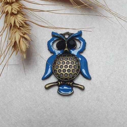 1 hibou chouette bleu 47x34mm émail bronze