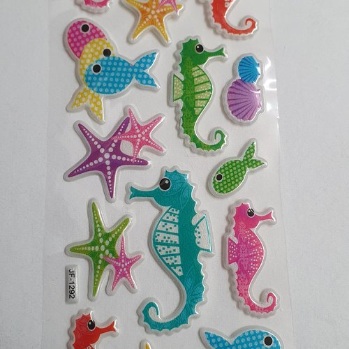 1 feuille stickers poisson crabe hippocampe coquillage