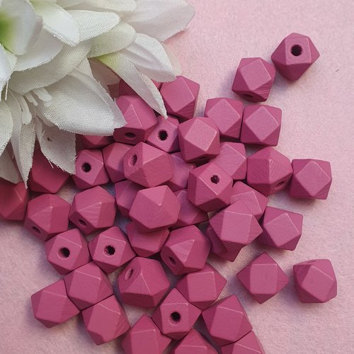 5 perles prisme cuboctaèdre vieux rose foncé bois 15x12mm