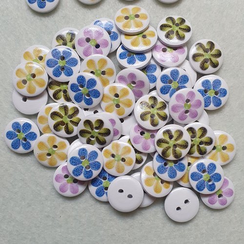 8 boutons fleur bleu bois 15mm