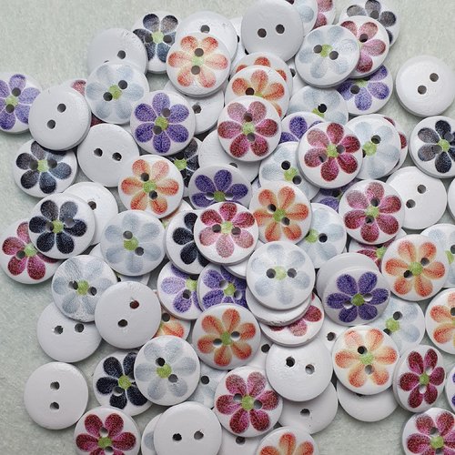 8 boutons fleur bordeaux bois 15mm