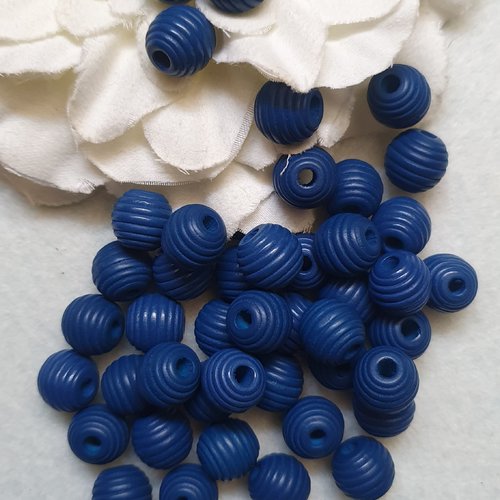 5 perles bleu foncé 12x11mm strié bois