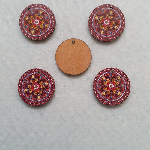 1 pendentif fleur bois 20mm marron rouge multicolore