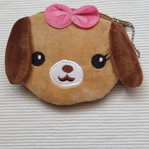 Porte monnaie chien noeud marron velours 12x10cm