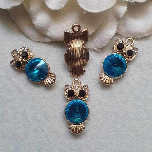 1 hibou chouette bleu 25.5x12mm strass plaqué or 14k