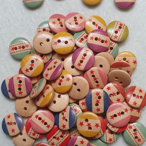 6 boutons bleu à étoile 15mm bois beige