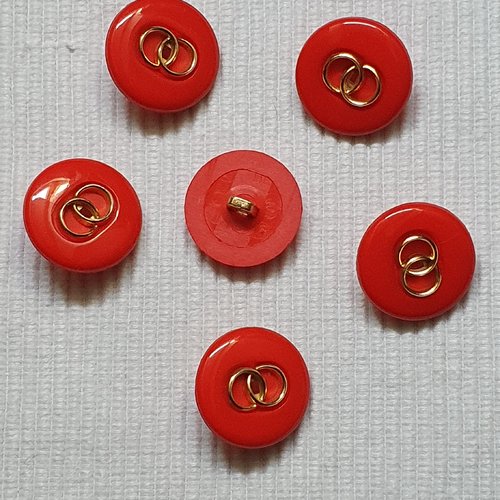 6 boutons rouge doré 22mm résine cercle doré