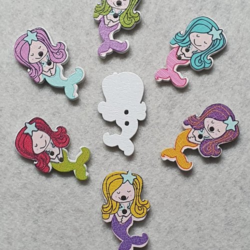 5 boutons sirène bleu cheveux mauve 30x17x2.4mm bois