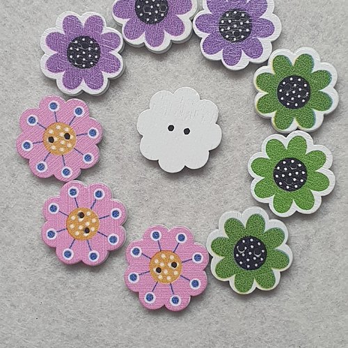 6 boutons fleurs vert 20x3mm bois