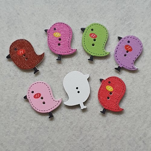 6 boutons oiseau poussin rose 26x24mm bois