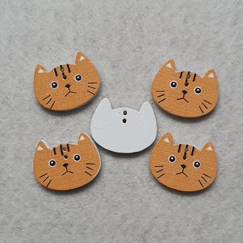 6 boutons chat chaton moutarde foncé 19.8x26x2.4mm bois
