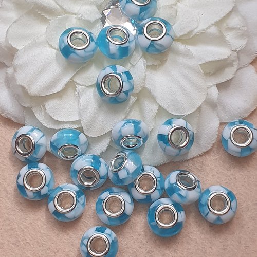 1 perle charm bleue blanc marbré 14x8mm acrylique