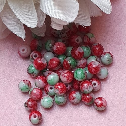 10 perles jade ton rouge vert 6x5mm trou de 0.8mm. n°16