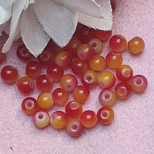 10 perles jade ton rouge jaune 6x5mm trou de 0.8mm. n°38