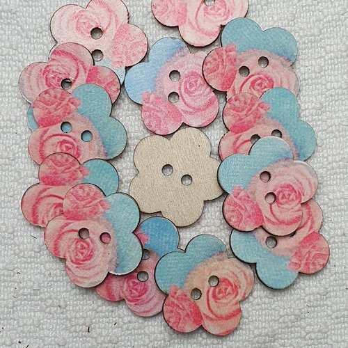6 boutons fleur rose bleu de 25x24mm en bois