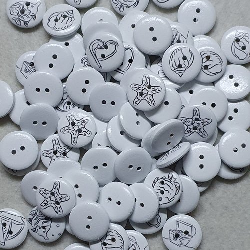 5 boutons blanc poisson rond 18mm en bois