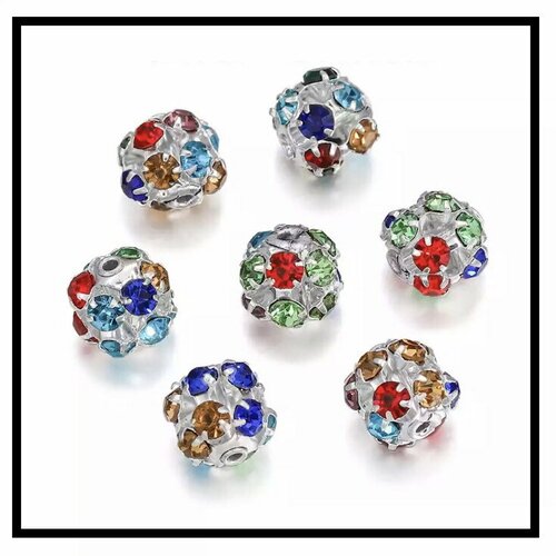 10pcs perles en métal argenté  avec strass multicolores , 10mm.