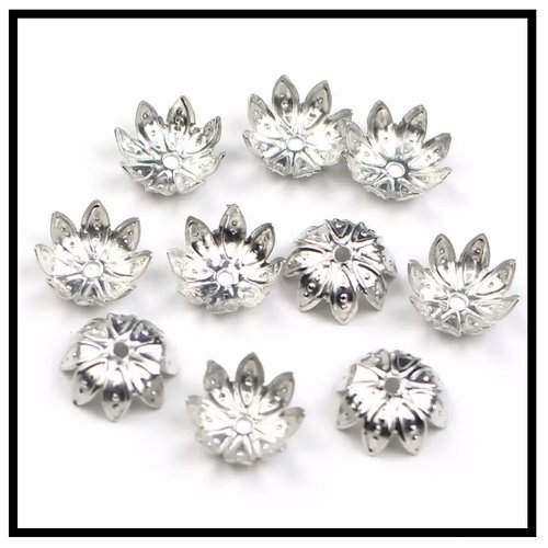 10pcs calottes, entretoises, coupelles pour perles fleur de lotus, en métal argenté, 8mm à10mm.