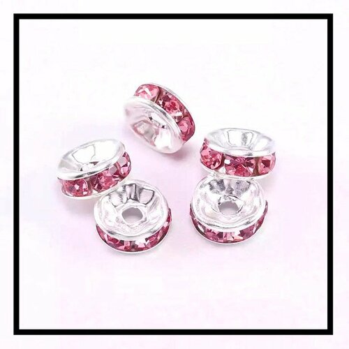 X 10 perles intercalaires rondelles strass rose, métal argentées 10mm .
