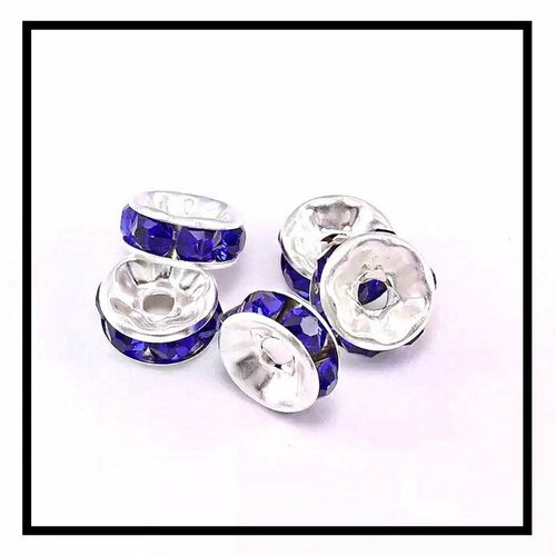 X 10 perles intercalaires rondelles strass bleu royale , métal argentées 10mm .