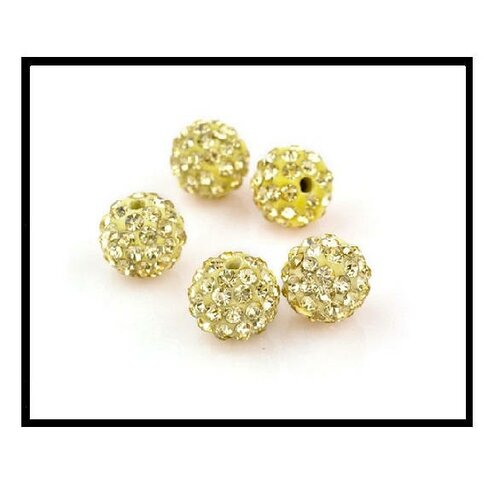 X10 perles shamballa cristal strass 10mm, jaune clair/jaune pastelle.