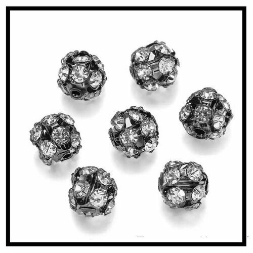 10pcs perles en métal noir avec strass blanc, 10mm.