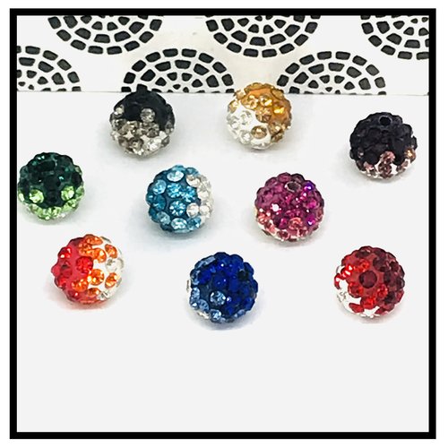X10 perles shamballa  cristal strass 10mm, bi-couleurs