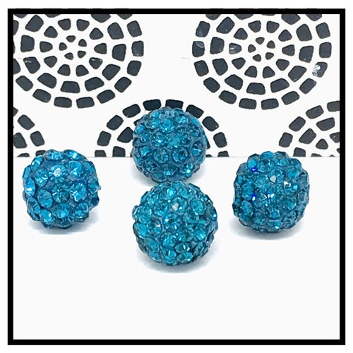 X10 perles shamballa cristal strass 10mm, bleu vert / bleu canard