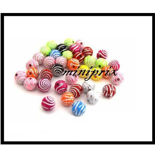 X10 perles acrylique spirales rondes 8mm, mix couleurs.