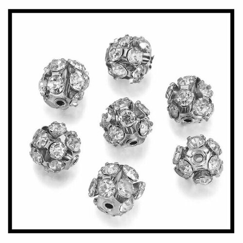 10pcs perles en métal gris avec strass blanc, 10mm.