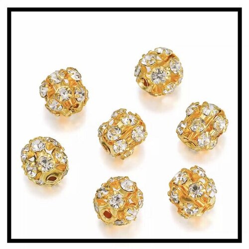 10pcs perles en métal doré avec strass blanc.