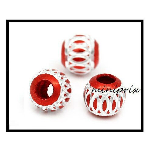 X 10 perles rondes rouge avec stries argentées 8mm